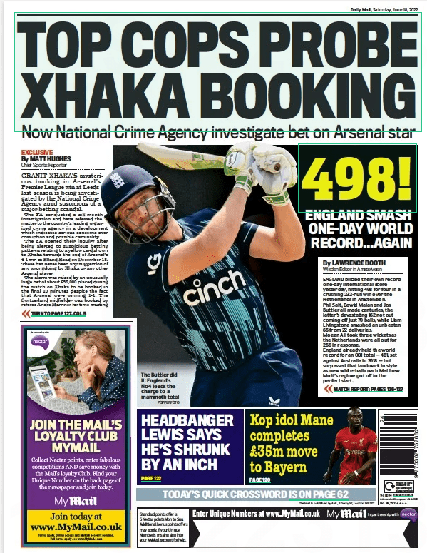 Daily Mail backpage with the headline TOP COPS PROBE XHAKA BOOKING