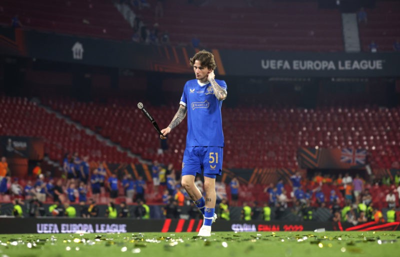 SEVILLE, SPAIN - MAY 18: Alex Lowry of Rangers reacts at full time during the UEFA Europa League final match between Eintracht Frankfurt and Rangers FC at Estadio Ramon Sanchez Pizjuan on May 18, 2022 in Seville, Spain. (Photo by AAClex Pantling/Getty Images)