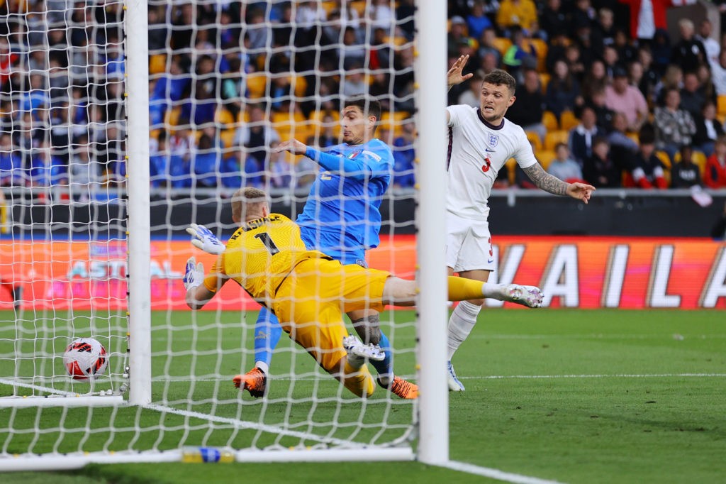 WOLVERHAMPTON, ENGLAND: Aaron Ramsdale makes a save from Giovanni Di Lorenzo of Italy as Kieran Trippier of England looks on during the UEFA Nations League - League A Group 3 match between England and Italy at Molineux on June 11, 2022. (Photo by Richard Heathcote/Getty Images)