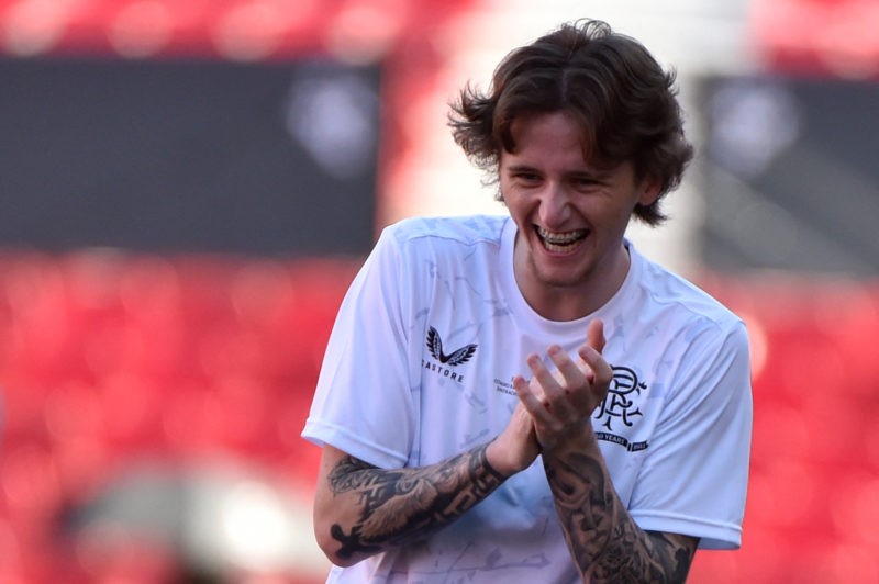 Rangers' Scottish midfielder Alex Lowry laughs as he takes part in a training session, on the eve of the Europa League final football match between Eintracht Frankfurt and Glasgow Rangers at the Ramon Sanchez Pizjuan stadium in Seville on May 17, 2022. (Photo by CRISTINA QUICLER / AFP) (Photo by CRISTINA QUICLER/AFP via Getty Images)