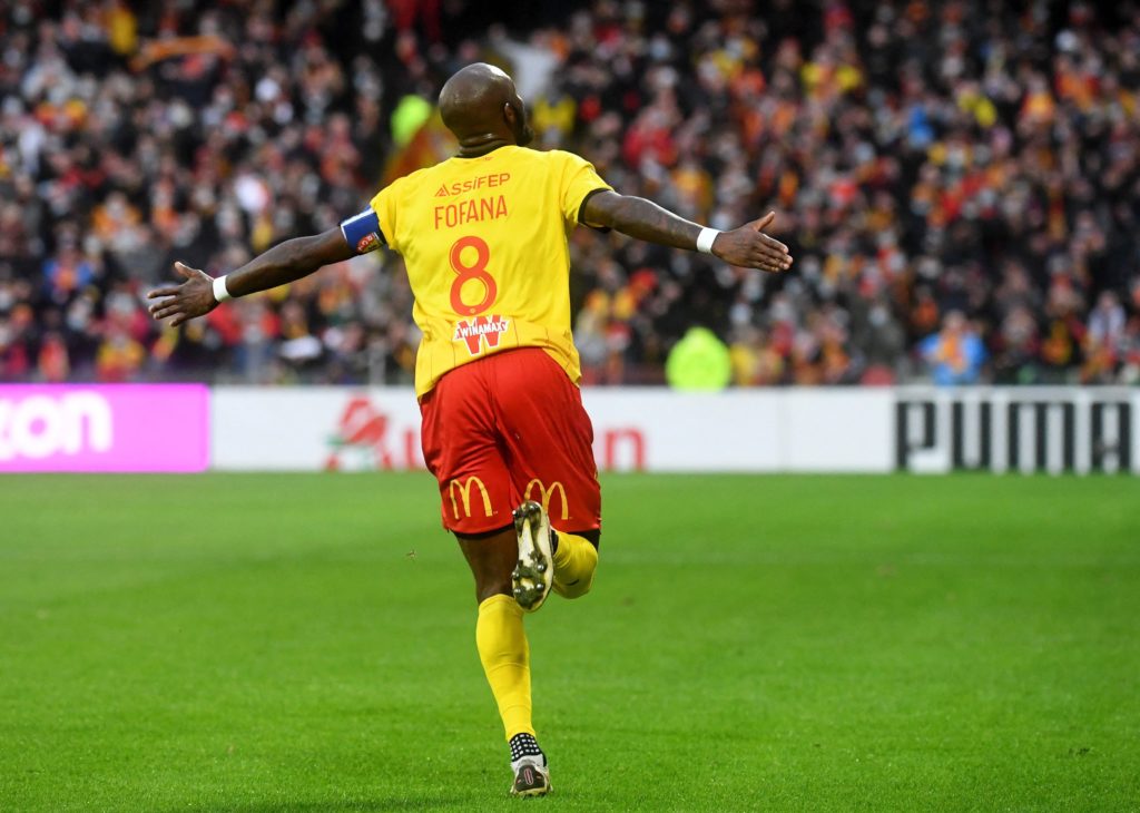 Lens' Ivorian midfielder Seko Fofana reacts after scoring a goal during the French L1 football match between RC Lens and Bordeaux at the Bollaert-Delelis stadium, in Lens, on February 13, 2022. (Photo by FRANCOIS LO PRESTI/AFP via Getty Images)