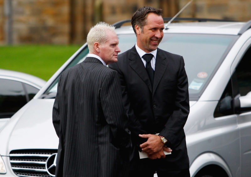 DURHAM, ENGLAND - SEPTEMBER 21: Former England footballers Paul Gascoigne (L) and David Seaman look on after the Sir Bobby Robson Memorial Service at Durham Cathedral on September 21, 2009 in Durham, England. Thousands of football fans are expected to pay tribute to the former England footballer and manager Sir Bobby Robson, who died aged 76 following a long battle with cancer, both at a memorial service attended by famous names of European football at Durham Cathederal and on giant screens at Newcastle's St James' Park and Ipswich. (Photo by Stu Forster/Getty Images)