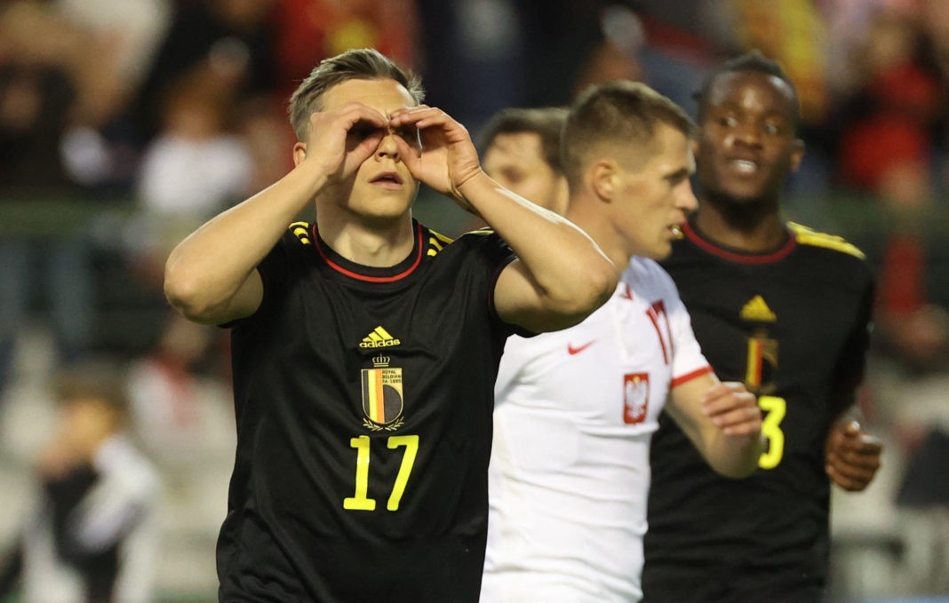 Belgium's Leandro Trossard celebrates after scoring during a soccer game between Belgian national team the Red Devils and Poland, Wednesday 08 June 2022 in Brussels, the second game (out of six) in the Nations League A group stage. BELGA PHOTO VIRGINIE LEFOUR (Photo by VIRGINIE LEFOUR / BELGA MAG / Belga via AFP)