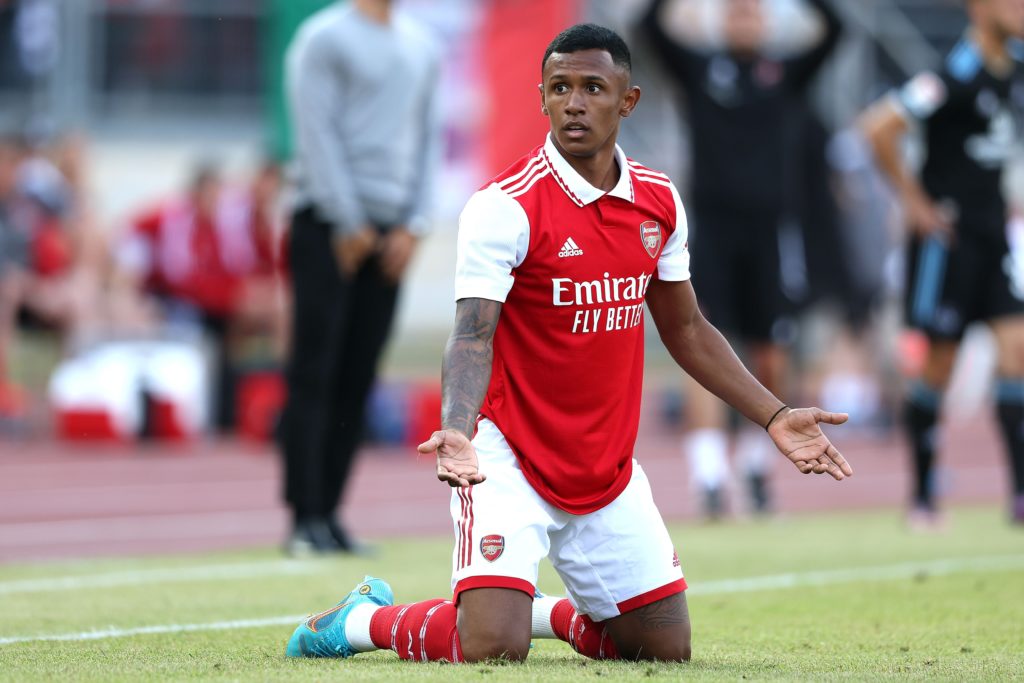NUREMBERG, GERMANY: Marquinhos of Arsenal reacts during the pre-season friendly match between 1. FC Nürnberg and Arsenal F.C. at Max-Morlock-Stadion on July 08, 2022. (Photo by Alexander Hassenstein/Getty Images)