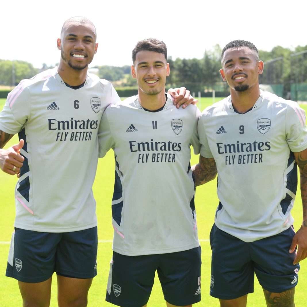 Gabriel Magalhaes, Gabriel Martinelli, and Gabriel Jesus in training with Arsenal (Photo via Arsenal on Twitter)