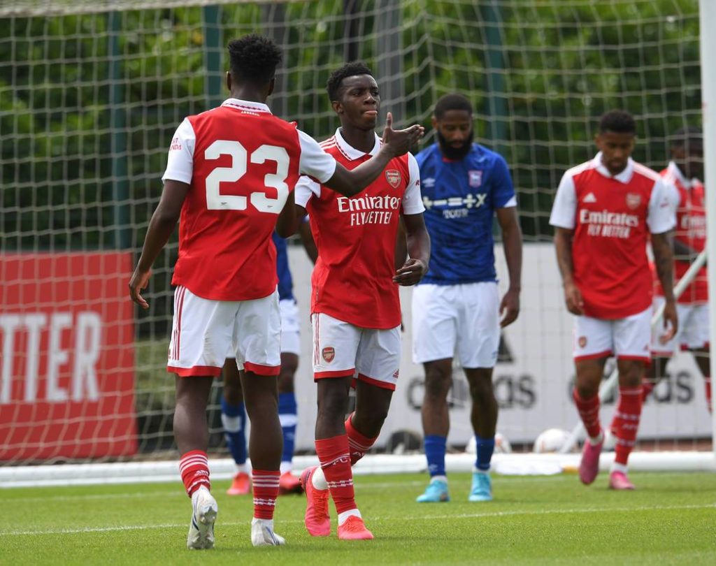 Albert Sambi Lokonga and Eddie Nketiah celebrate a goal in pre-season (Photo via Arsenal.com)