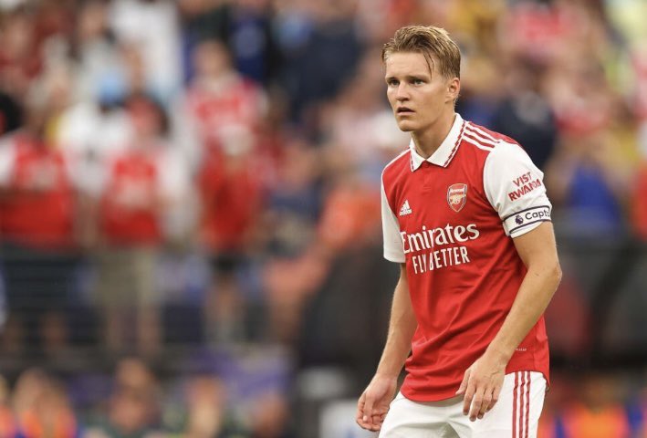 Martin Odegaard wearing the captain's armband for Arsenal (Photo by James Williamson - AMA/Getty Images)