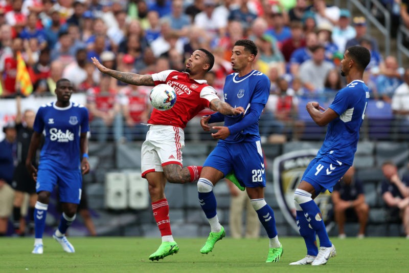 BALTIMORE, MARYLAND - JULY 16: Gabriel Jesus #9 of Arsenal and Ben Godfrey #22 of Everton go after the ball in the first half during a preseason friendly at M&T Bank Stadium on July 16, 2022 in Baltimore, Maryland. (Photo by Rob Carr/Getty Images)