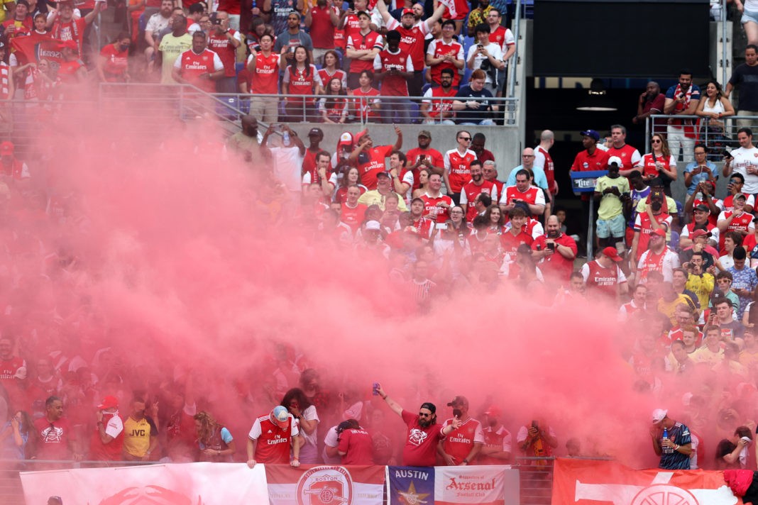 BALTIMORE, MARYLAND - JULY 16: Arsenal fans celebrate the teams second goal against Everton in the first half during a preseason friendly at M&T Bank Stadium on July 16, 2022 in Baltimore, Maryland. (Photo by Rob Carr/Getty Images)
