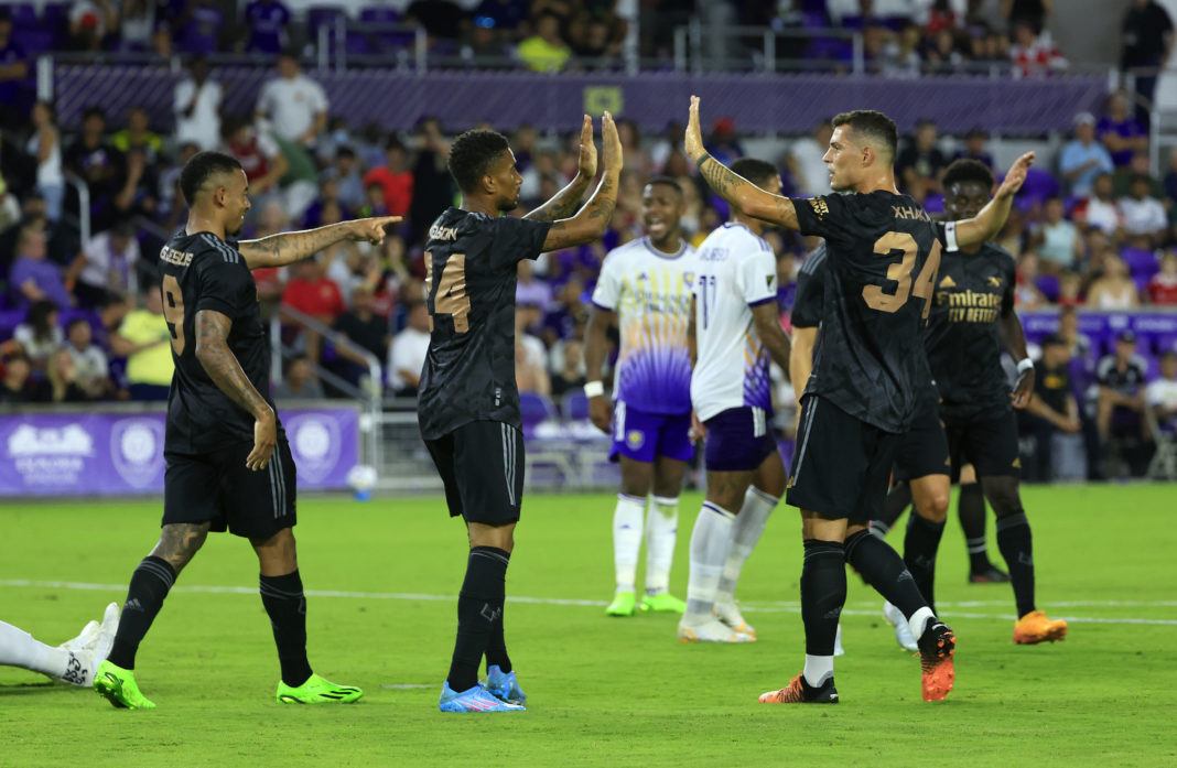 ORLANDO, FLORIDA: Reiss Nelson #24 of Arsenal celebrates a goal during a Florida Cup friendly against Orlando City at Exploria Stadium on July 20, 2022. (Photo by Mike Ehrmann/Getty Images)