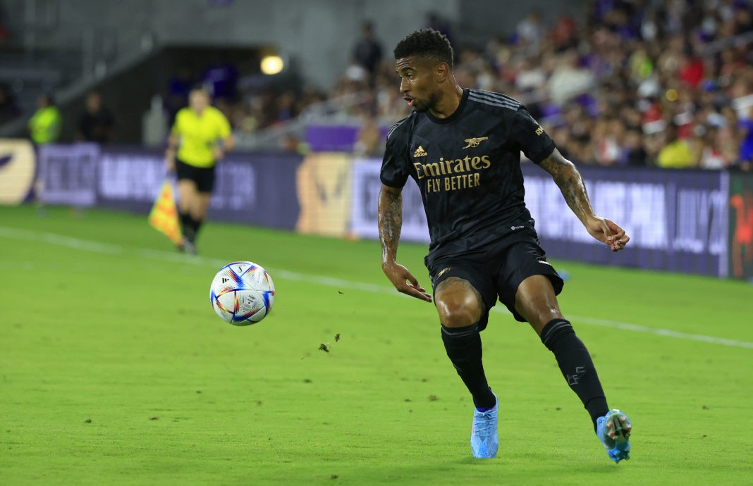 ORLANDO, FLORIDA: Reiss Nelson #24 of Arsenal looks to pass during a Florida Cup friendly against Orlando City at Exploria Stadium on July 20, 2022. (Photo by Mike Ehrmann/Getty Images)
