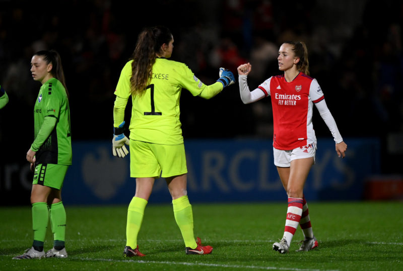BOREHAMWOOD, ENGLAND - NOVEMBER 17: Kaylan Marckese of HB Koge and Lia Walti of Arsenal after the UEFA Women's Champions League group C match between Arsenal WFC and HB Koge at Meadow Park on November 17, 2021 in Borehamwood, England. (Photo by Justin Setterfield/Getty Images)