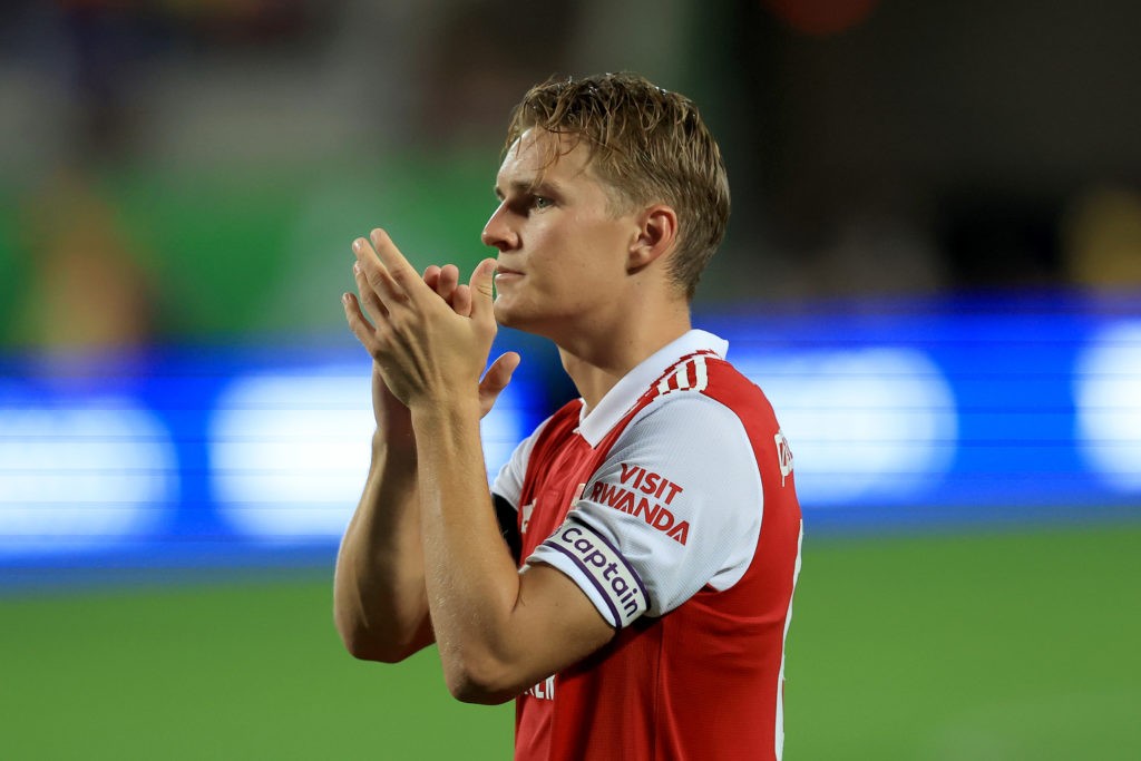 ORLANDO, FLORIDA: Martin Ødegaard #8 of Arsenal acknowledges the fans following the Florida Cup match against Chelsea at Camping World Stadium on July 23, 2022. (Photo by Sam Greenwood/Getty Images)