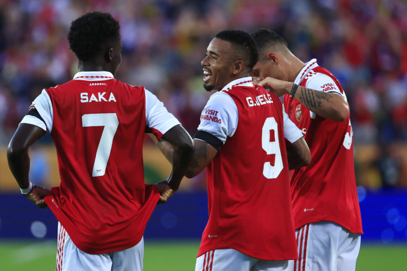 ORLANDO, FLORIDA - JULY 23: Gabriel Jesus of Arsenal celebrates with teammates Bukayo Saka and Granit Xhaka after scoring their side's first goal during the Florida Cup match between Chelsea and Arsenal at Camping World Stadium on July 23, 2022 in Orlando, Florida. (Photo by Mike Ehrmann/Getty Images)