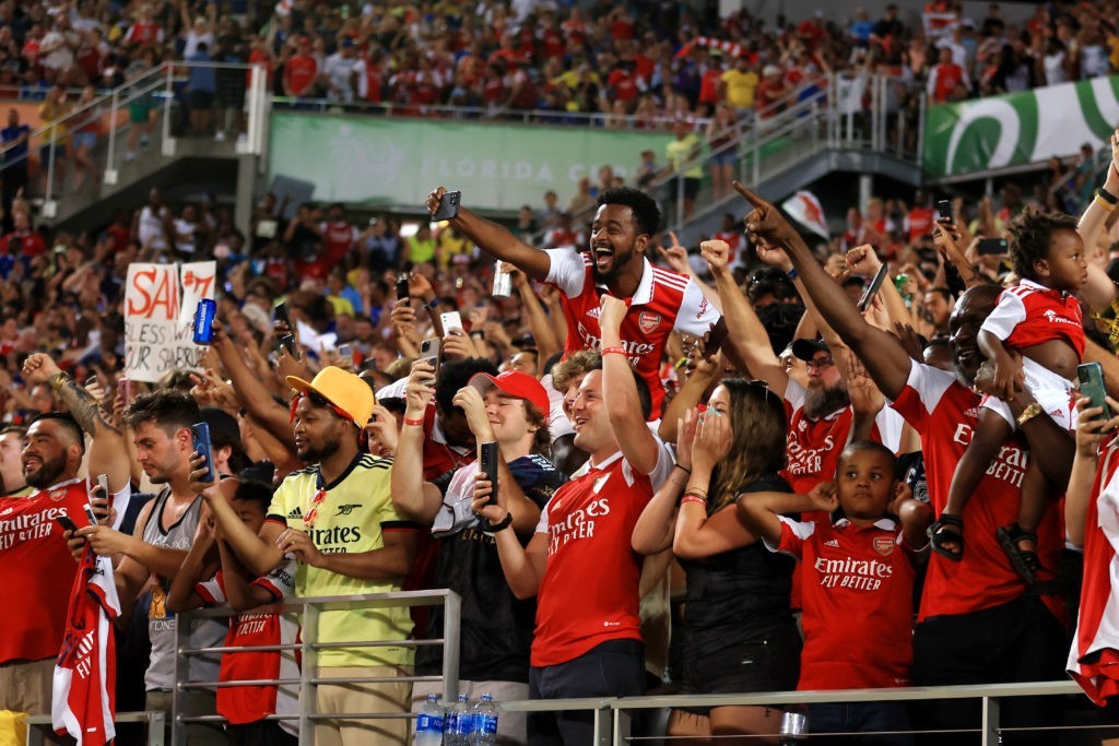 ORLANDO, FLORIDA - JULY 23: Arsenal fans show their support during the Florida Cup match between Chelsea and Arsenal at Camping World Stadium on July 23, 2022 in Orlando, Florida. (Photo by Sam Greenwood/Getty Images)