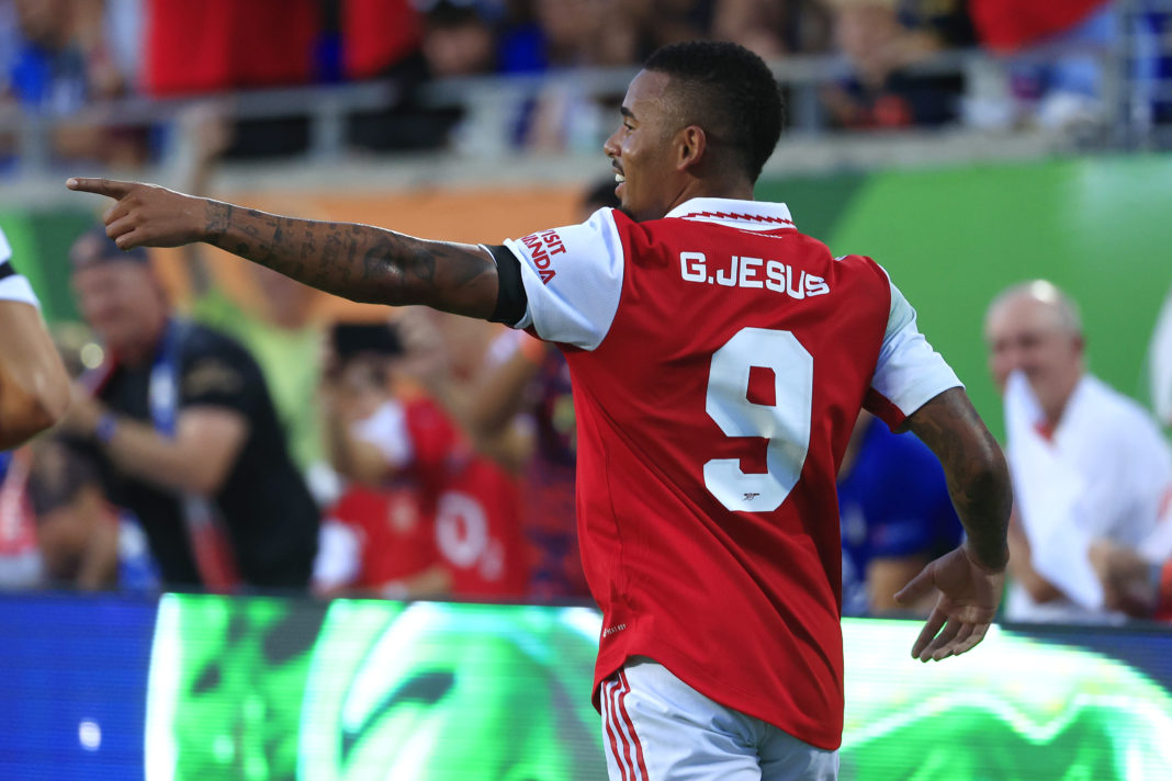 ORLANDO, FLORIDA: Gabriel Jesus of Arsenal celebrates after scoring their side's first goal during the Florida Cup match between Chelsea and Arsenal at Camping World Stadium on July 23, 2022. (Photo by Mike Ehrmann / Getty Images)