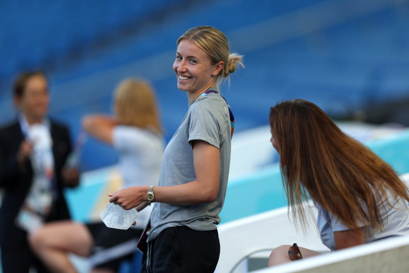 BRIGHTON, ENGLAND - JULY 10: Leah Williamson of England during the UEFA Women's Euro England 2022 England Press Conference And Training Session at Brighton & Hove Community Stadium on July 10, 2022 in Brighton, England. (Photo by Christopher Lee/Getty Images)