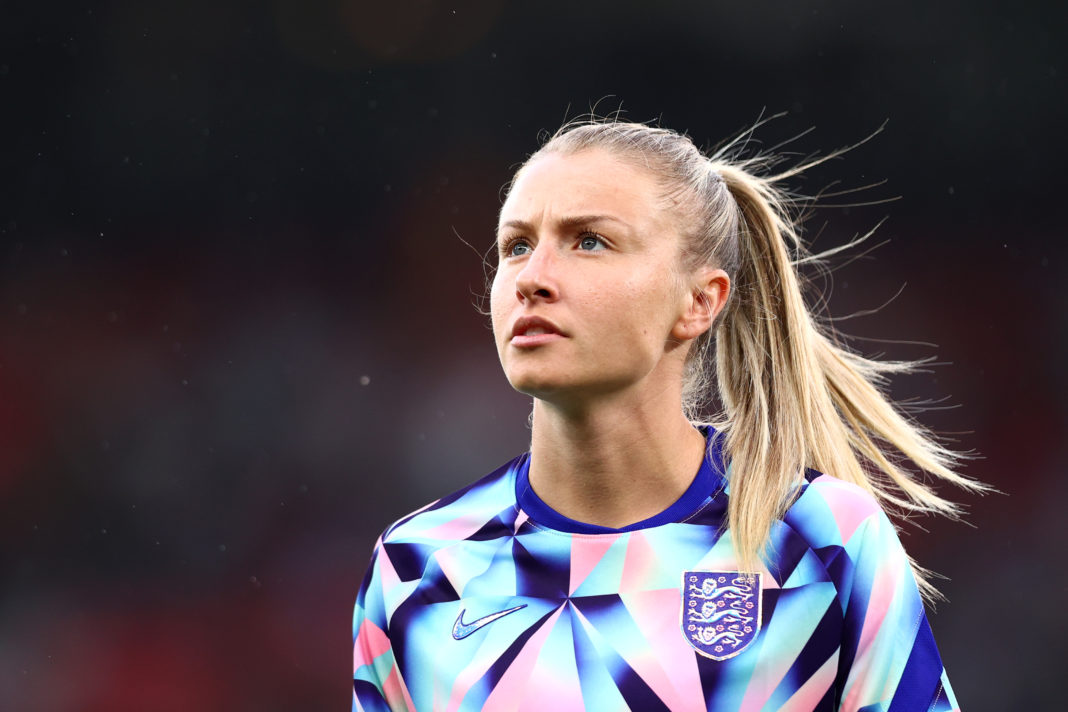 MANCHESTER, ENGLAND - JULY 06: Leah Williamson of England warms up prior to the UEFA Women's EURO 2022 group A match between England and Austria at Old Trafford on July 06, 2022 in Manchester, England. (Photo by Naomi Baker/Getty Images)