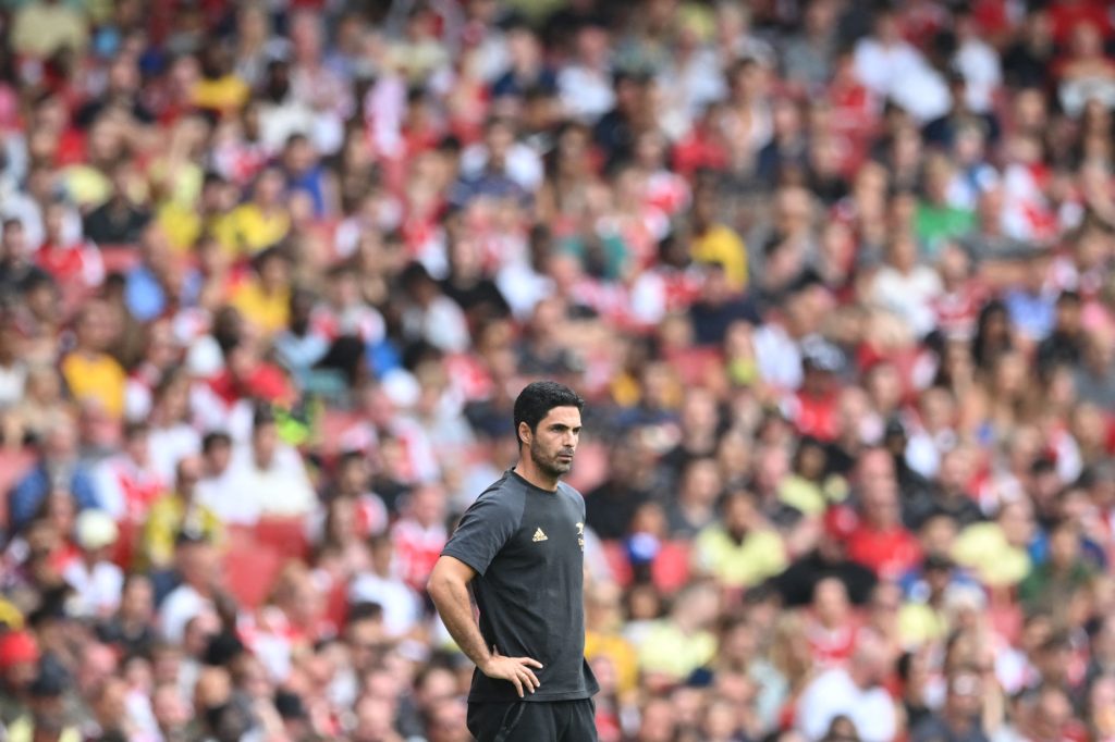 Arsenal's Spanish manager Mikel Arteta reacts during a club-friendly football match between Arsenal and Sevilla at the Emirates Stadium in London on July 30, 2022. (Photo by JUSTIN TALLIS/AFP via Getty Images)