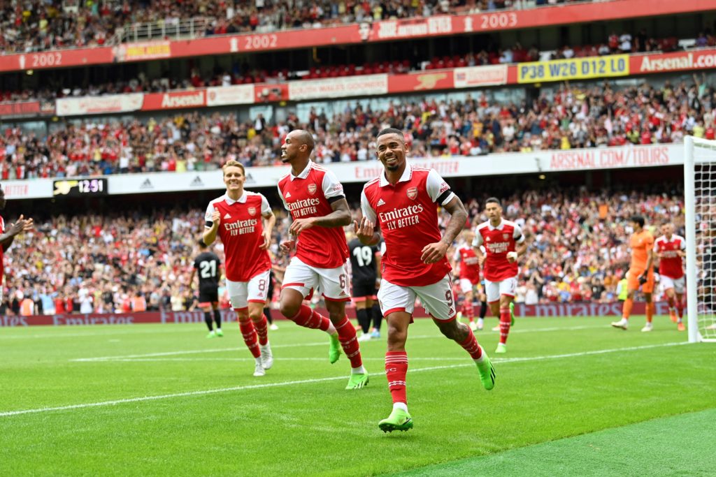 Arsenal's Brazilian forward Gabriel Jesus (C) celebrates after scoring his team's second goal during a club-friendly football match between Arsenal and Sevilla at the Emirates Stadium in London on July 30, 2022. (Photo by JUSTIN TALLIS/AFP via Getty Images)