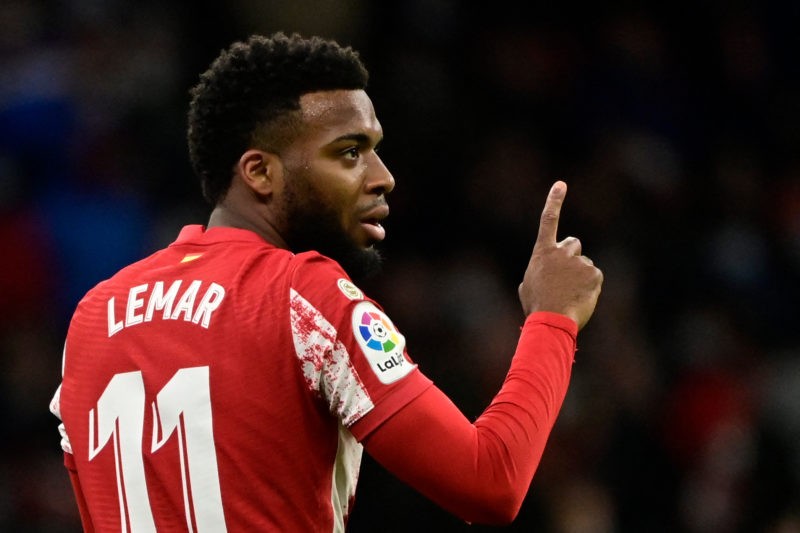 Atletico Madrid's French midfielder Thomas Lemar gestures during the Spanish League football match between Club Atletico de Madrid and Deportivo Alaves at the Wanda Metropolitano stadium in Madrid on April 2, 2022. (Photo by JAVIER SORIANO / AFP) (Photo by JAVIER SORIANO/AFP via Getty Images)