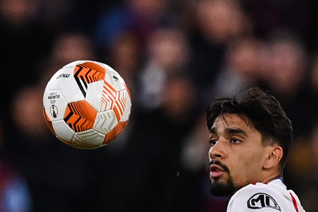 Lyon's Brazilian midfielder Lucas Paqueta eyes the ball during the UEFA Europa League quarter final first leg football match between West Ham United and Olympique Lyonnais at The London Stadium, in east London, on April 7, 2022. (Photo by Glyn KIRK / AFP)