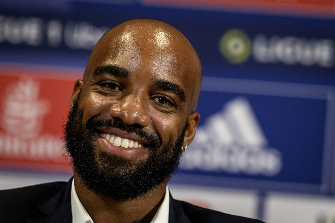 Former France international Alexandre Lacazette takes part in a press conference to announce his return to Ligue 1 Olympique Lyonnais (OL) football club, on June 9, 2022 in Decines-Charpieu, central-eastern France. - Lacazette returns to Lyon on a free transfer five years after he joined Arsenal for a then club record fee of £46.5 million ($58 million). The 31-year-old striker underwent a medical before signing a three year contract with the club where he made his name after coming through the youth system. (Photo by JEFF PACHOUD / AFP) (Photo by JEFF PACHOUD/AFP via Getty Images)