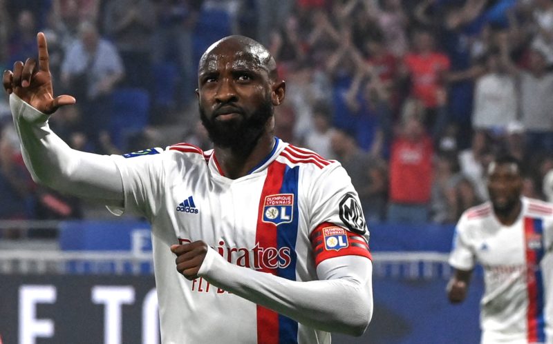 Lyons French forward Moussa Dembele celebrates scoring a goal during the French L1 football match between Olympique Lyonnais (OL) and FC Nantes at The Groupama Stadium in Decines-Charpieu, central-eastern France on May 14, 2022. (Photo by OLIVIER CHASSIGNOLE / AFP) (Photo by OLIVIER CHASSIGNOLE/AFP via Getty Images)