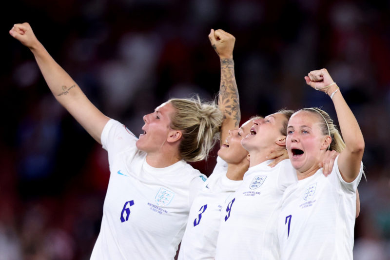 SOUTHAMPTON, ENGLAND - JULY 15: Ellen White, Millie Bright, Beth Mead and Rachel Daly of England celebrate after the UEFA Women's Euro England 2022 group A match between Northern Ireland and England at St Mary's Stadium on July 15, 2022 in Southampton, England. (Photo by Naomi Baker/Getty Images)