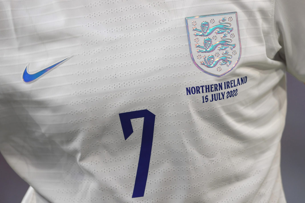 SOUTHAMPTON, ENGLAND - JULY 15: A detailed view of Beth Mead of England's shirt is seen during the UEFA Women's Euro England 2022 group A match between Northern Ireland and England at St Mary's Stadium on July 15, 2022 in Southampton, England. (Photo by Harriet Lander/Getty Images)