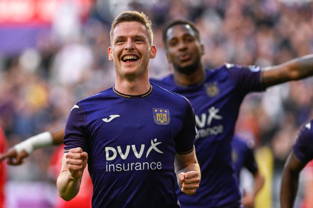Anderlecht's Sergio Gomez celebrates after scoring during a soccer match between RSC Anderlecht and RAFC Antwerp, Thursday 12 May 2022 in Antwerp, on day 4 of the Champions' play-offs of the 2021-2022 'Jupiler Pro League' first division of the Belgian championship. (Photo by LAURIE DIEFFEMBACQ/BELGA MAG/AFP via Getty Images)