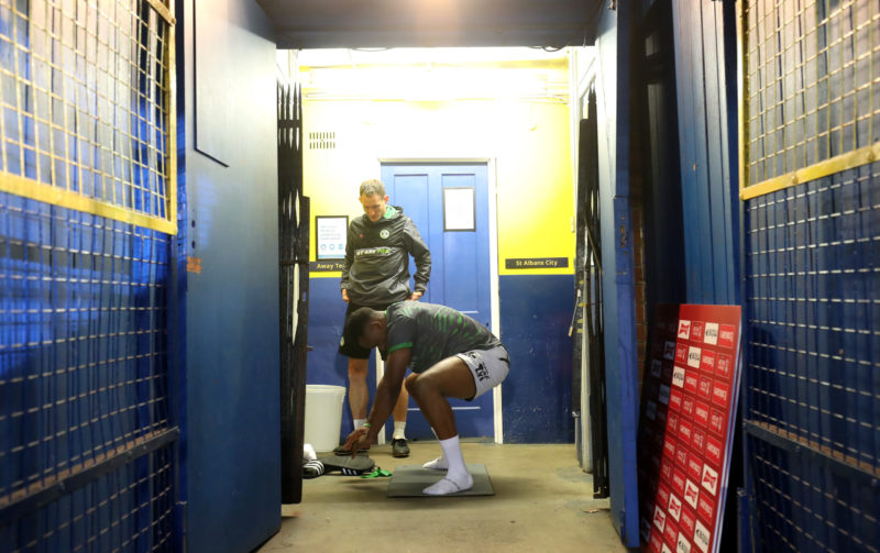 ST ALBANS, ENGLAND - NOVEMBER 07: Udoka Godwin-Malife of Forest Green Rovers warms up inside the tunnel prior to the Emirates FA Cup First Round match between St Albans City and Forest Green Rovers at Clarence Park on November 07, 2021 in St Albans, England. (Photo by Alex Morton/Getty Images)