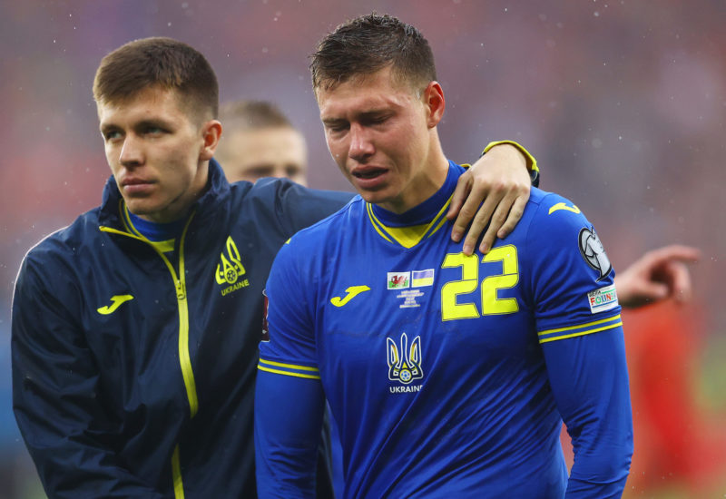 CARDIFF, WALES - JUNE 05: Mykola Matviyenko of Ukraine looks dejected following their sides defeat in the FIFA World Cup Qualifier between Wales and Ukraine at Cardiff City Stadium on June 05, 2022 in Cardiff, Wales. (Photo by Michael Steele/Getty Images)