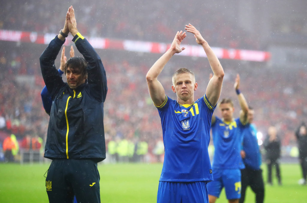 CARDIFF, WALES - JUNE 05: Oleksandr Zinchenko of Ukraine applauds the fans after their sides defeat during the FIFA World Cup Qualifier between Wales and Ukraine at Cardiff City Stadium on June 05, 2022 in Cardiff, Wales. (Photo by Michael Steele/Getty Images)