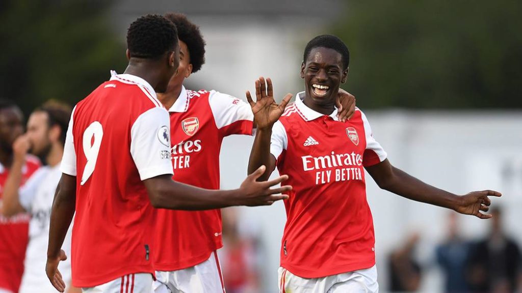 Sagoe Jr celebrates his goal with the Arsenal u21s (Photo via Arsenal.com)