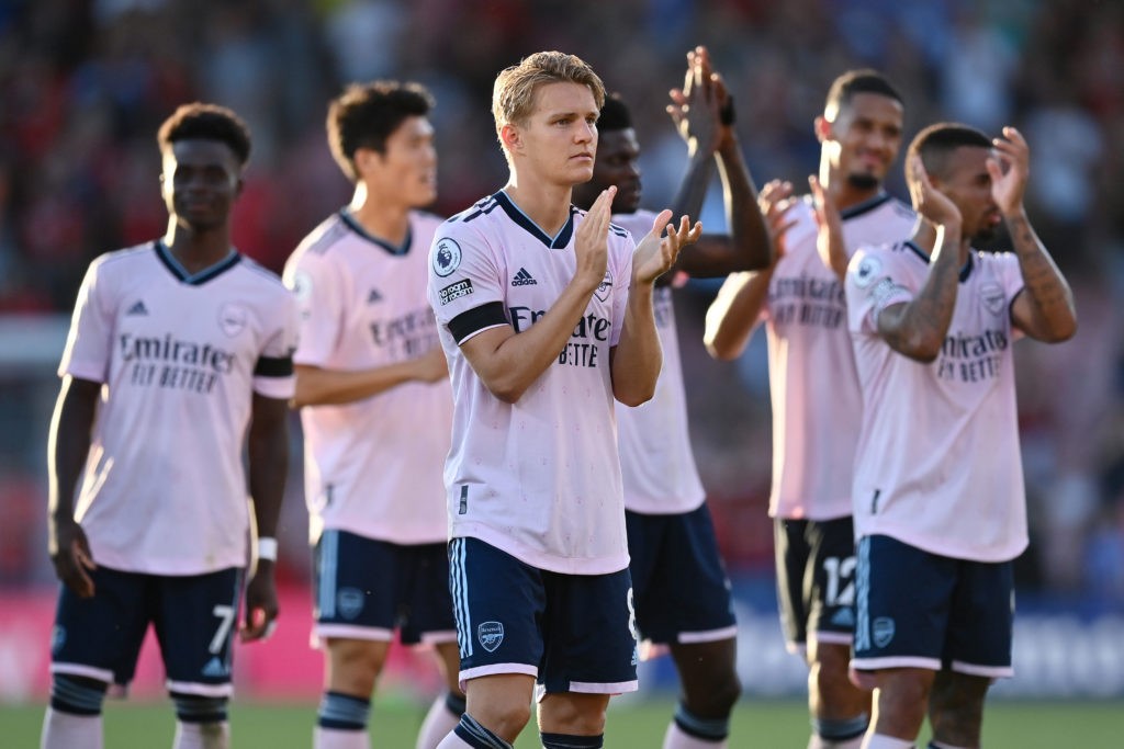 BOURNEMOUTH, ENGLAND: Martin Odegaard of Arsenal interacts with the crowd following the Premier League match between AFC Bournemouth and Arsenal FC at Vitality Stadium on August 20, 2022. (Photo by Dan Mullan/Getty Images)