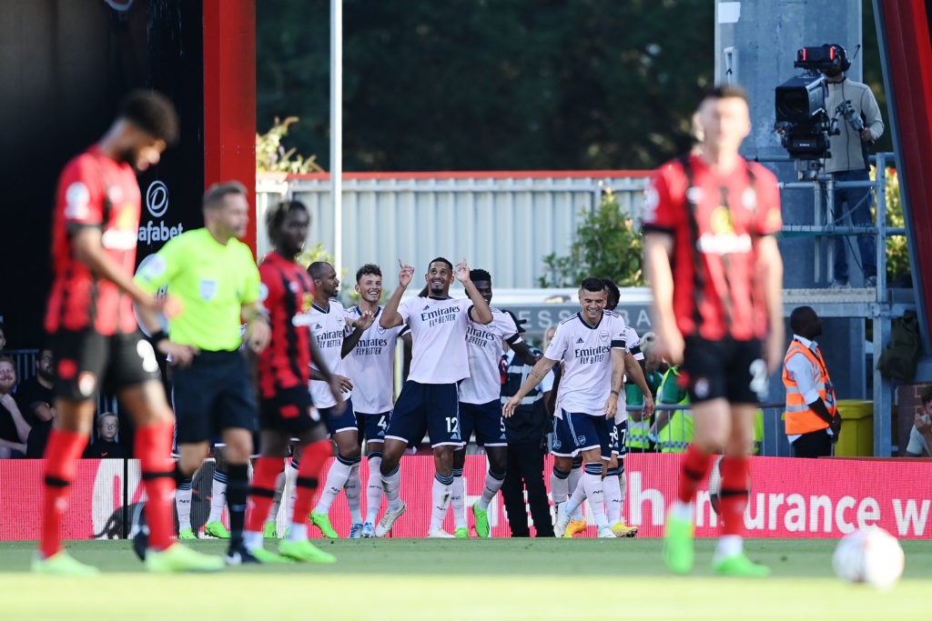 BOURNEMOUTH, ENGLAND - AUGUST 20: William Saliba of Arsenal celebrates their sides third goal with team mates during the Premier League match between AFC Bournemouth and Arsenal FC at Vitality Stadium on August 20, 2022 in Bournemouth, England. (Photo by Alex Davidson/Getty Images)