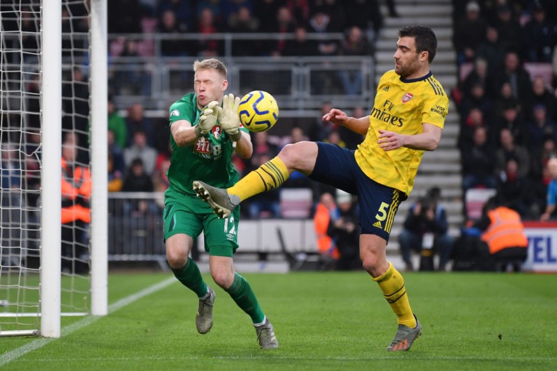 BOURNEMOUTH, ENGLAND - DECEMBER 26: Aaron Ramsdale of AFC Bournemouth saves a shot from Sokratis Papastathopoulos of Arsenal during the Premier League match between AFC Bournemouth and Arsenal FC at Vitality Stadium on December 26, 2019 in Bournemouth, United Kingdom. (Photo by Dan Mullan/Getty Images)