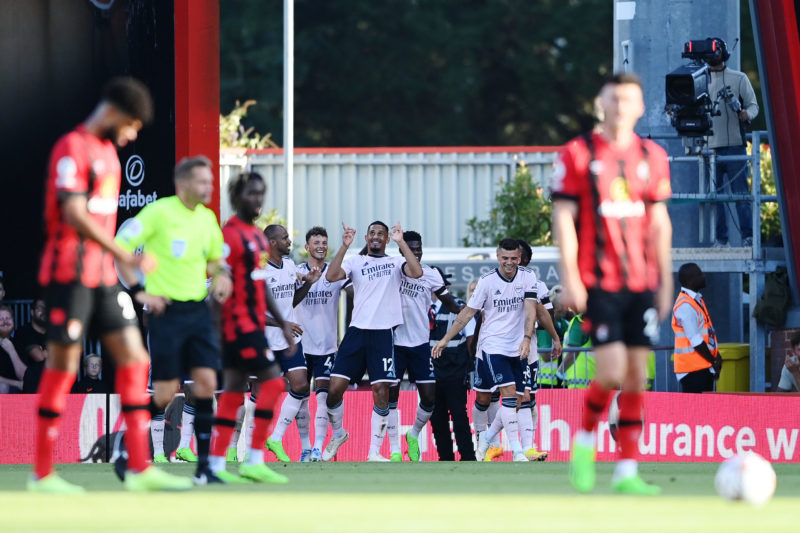 BOURNEMOUTH, ENGLAND - AUGUST 20: William Saliba of Arsenal celebrates their sides third goal with team mates during the Premier League match between AFC Bournemouth and Arsenal FC at Vitality Stadium on August 20, 2022 in Bournemouth, England. (Photo by Alex Davidson/Getty Images)