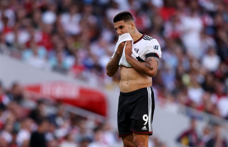 LONDON, ENGLAND - AUGUST 27: Aleksandar Mitrovic of Fulham reacts during the Premier League match between Arsenal FC and Fulham FC at Emirates Stadium on August 27, 2022 in London, England. (Photo by Paul Harding/Getty Images)