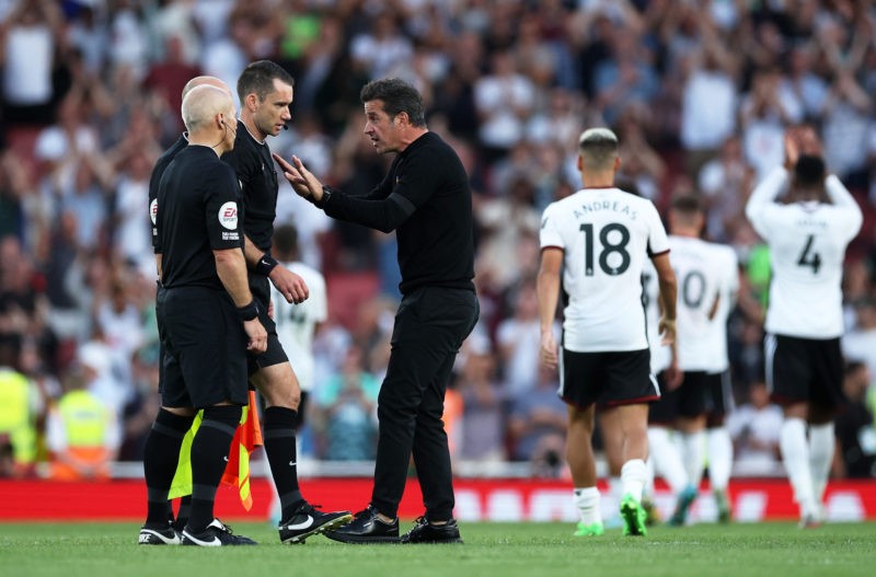 LONDON, ENGLAND - AUGUST 27: Marco Silva, Manager of Fulham interacts with referee Jarred Gillett following their sides defeat in the Premier League match between Arsenal FC and Fulham FC at Emirates Stadium on August 27, 2022 in London, England. (Photo by Eddie Keogh/Getty Images)