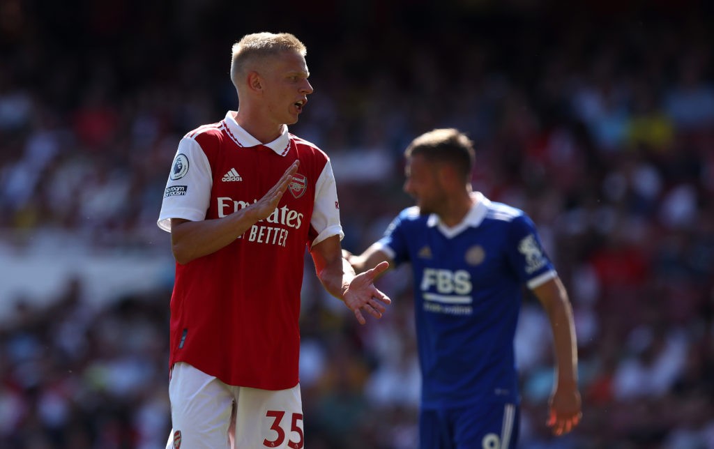 LONDON, ENGLAND: Oleksandr Zinchenko of Arsenal during the Premier League match between Arsenal FC and Leicester City at Emirates Stadium on August 13, 2022. (Photo by Julian Finney/Getty Images)