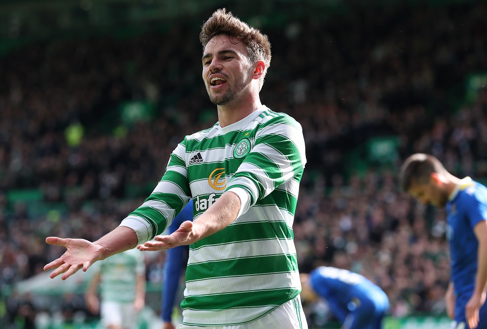 GLASGOW, SCOTLAND: Matt O'Riley of Celtic celebrates after scoring the fifth goal during the Cinch Scottish Premiership match between Celtic FC and St. Johnstone FC at Celtic Park on April 09, 2022. (Photo by Ian MacNicol/Getty Images)
