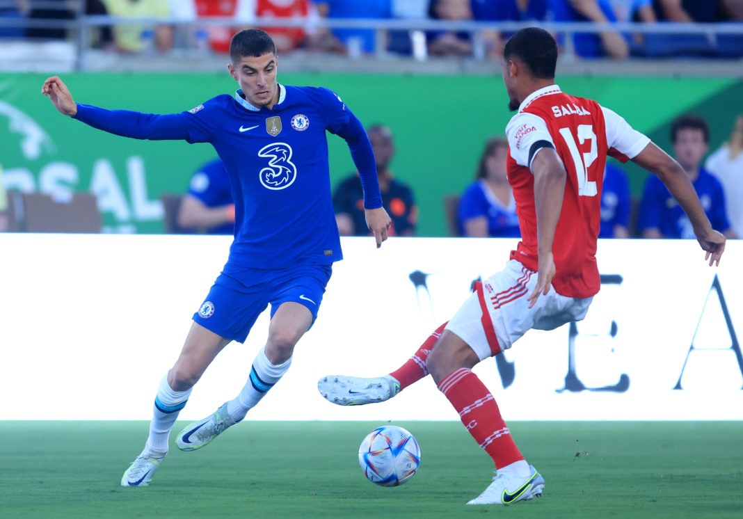ORLANDO, FLORIDA: Kai Havertz of Chelsea challenges William Saliba of Arsenal during the Florida Cup match between Chelsea and Arsenal at Camping World Stadium on July 23, 2022. (Photo by Sam Greenwood/Getty Images)