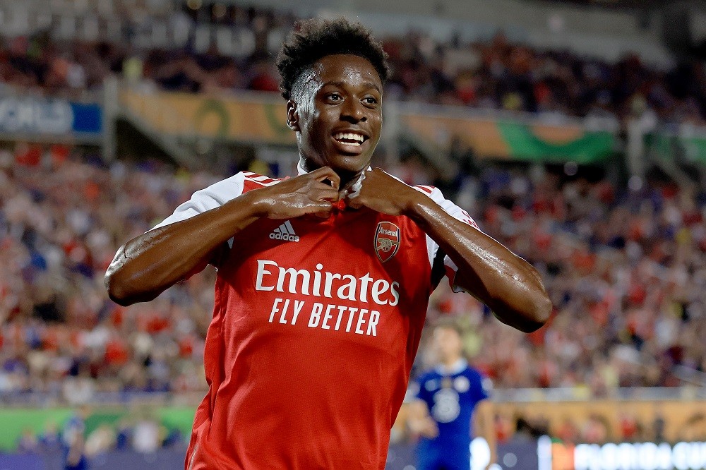ORLANDO, FLORIDA: Albert Sambi Lokonga of Arsenal celebrates after scoring his side's fourth goal during the Florida Cup match against Chelsea at Camping World Stadium on July 23, 2022. (Photo by Sam Greenwood/Getty Images)
