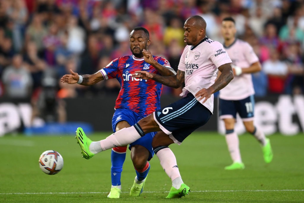 LONDON, ENGLAND: Jordan Ayew of Crystal Palace is challenged by Gabriel Magalhaes of Arsenal during the Premier League match between Crystal Palace and Arsenal FC at Selhurst Park on August 05, 2022. (Photo by Mike Hewitt/Getty Images)