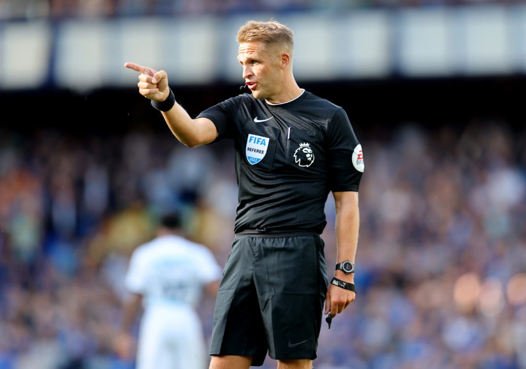 LIVERPOOL, ENGLAND - AUGUST 06: Referee Craig Pawson during the Premier League match between Everton FC and Chelsea FC at Goodison Park on August 06, 2022 in Liverpool, England. (Photo by Catherine Ivill/Getty Images)