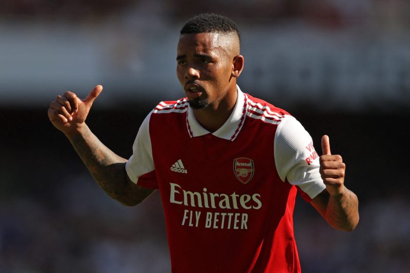 Arsenal's Brazilian striker Gabriel Jesus gestures during the English Premier League football match between Arsenal and Leicester City at the Emirates Stadium in London on August 13, 2022. (Photo by ADRIAN DENNIS/AFP via Getty Images)