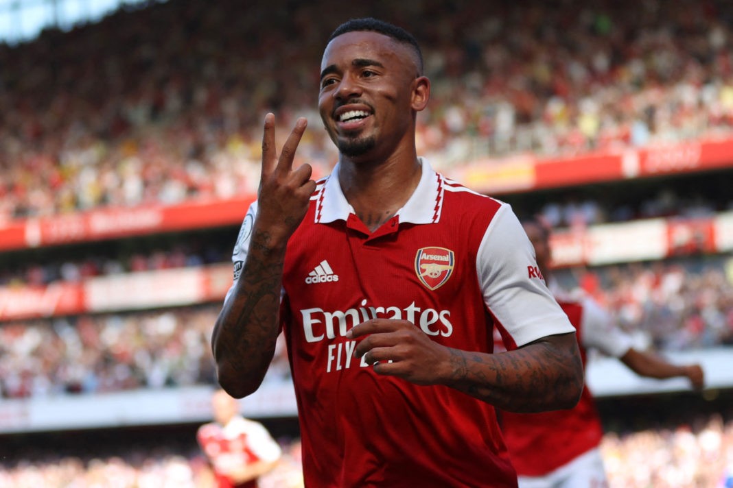 Arsenal's Brazilian striker Gabriel Jesus celebrates after scoring their second goal during the English Premier League football match between Arsenal and Leicester City at the Emirates Stadium in London on August 13, 2022. (Photo by ADRIAN DENNIS/AFP via Getty Images)