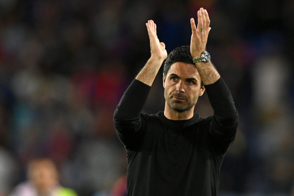 Arsenal's Spanish manager Mikel Arteta applauds supporters on the pitch after the English Premier League football match between Crystal Palace and Arsenal at Selhurst Park in south London on August 5, 2022. - Arsenal won the game 2-0. - (Photo by JUSTIN TALLIS/AFP via Getty Images)